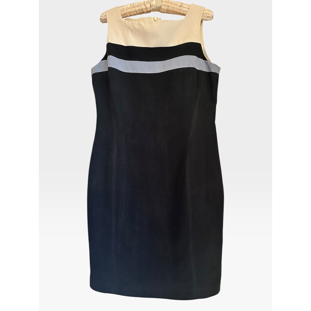 Jones New York Dress Womens 10 Silk Linen Colorblock Sheath Sleeveless Navy Blue